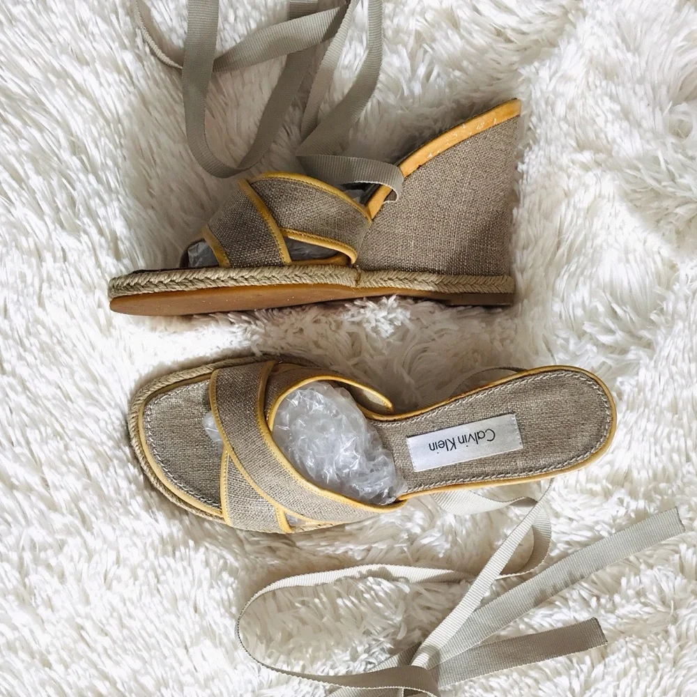 Calvin Klein Sandals Wrap Gladiator Wedge Platform Espadrille Tan Sz 6.5 Boho